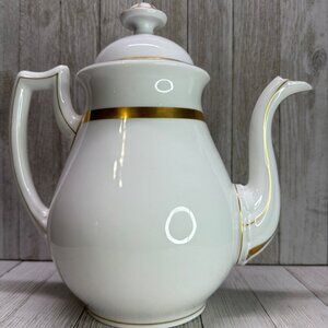Vtg B&D Porcelain White Tea Pot with Gold Accents Handle Spout Lid 10" Tall